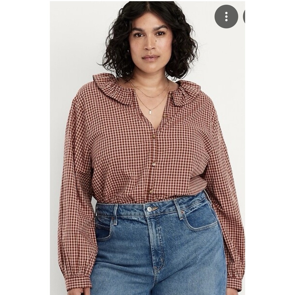Old Navy Plaid Button Down‎ Ruffle Shirt Plus Size 3X Rust Pink
